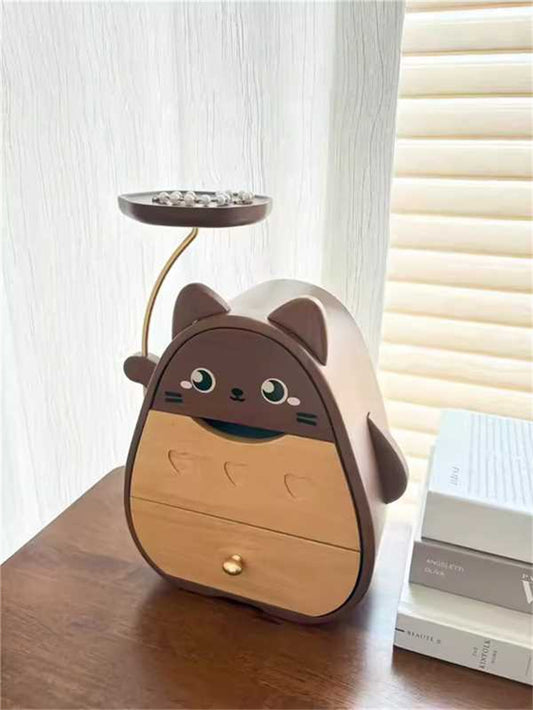 Whimsical Cat Jewelry Box - Wooden Organizer with Dual Drawers & Top Slot