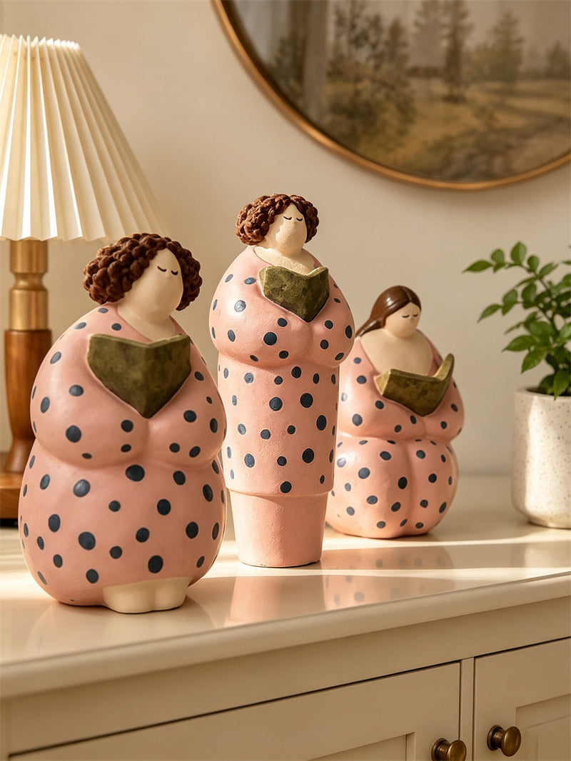 Whimsical Curvy Lady Art Figurine,Pink Polka‑Dot Reading Women Statue,Unique Gift for Book Readers