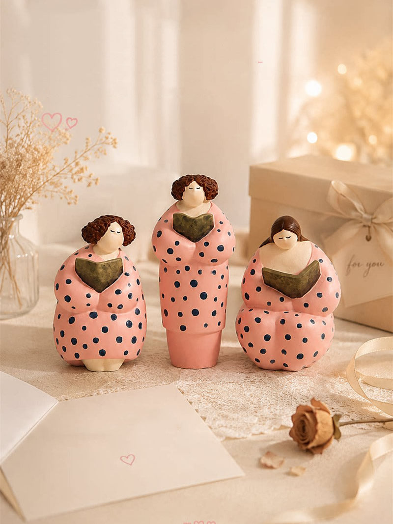 Whimsical Curvy Lady Art Figurine,Pink Polka‑Dot Reading Women Statue,Unique Gift for Book Readers