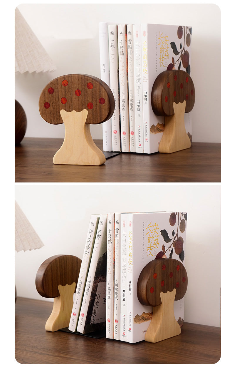 Whimsical Mushroom - Shaped Wooden Bookend, Support for Home Office