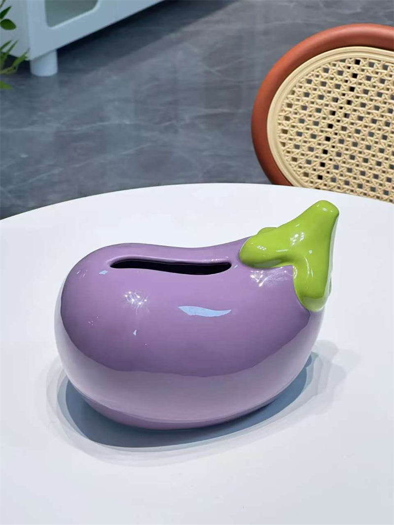 Whimsical Purple Ceramic Eggplant Tissue Box - Unique Kitchen Decor