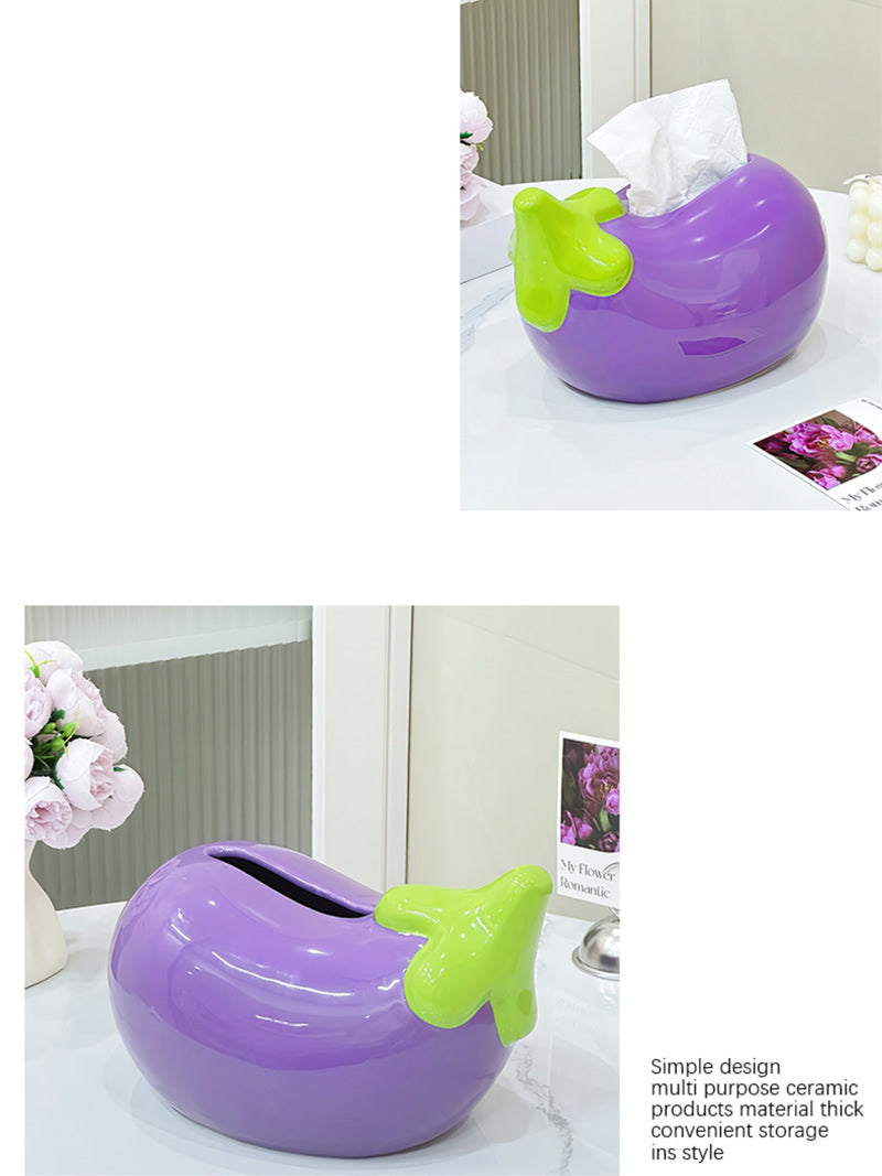 Whimsical Purple Ceramic Eggplant Tissue Box - Unique Kitchen Decor