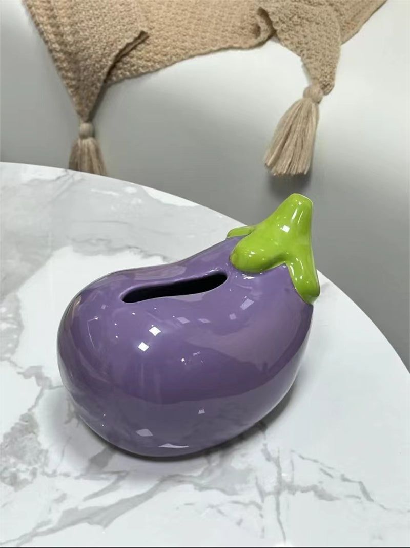 Whimsical Purple Ceramic Eggplant Tissue Box - Unique Kitchen Decor