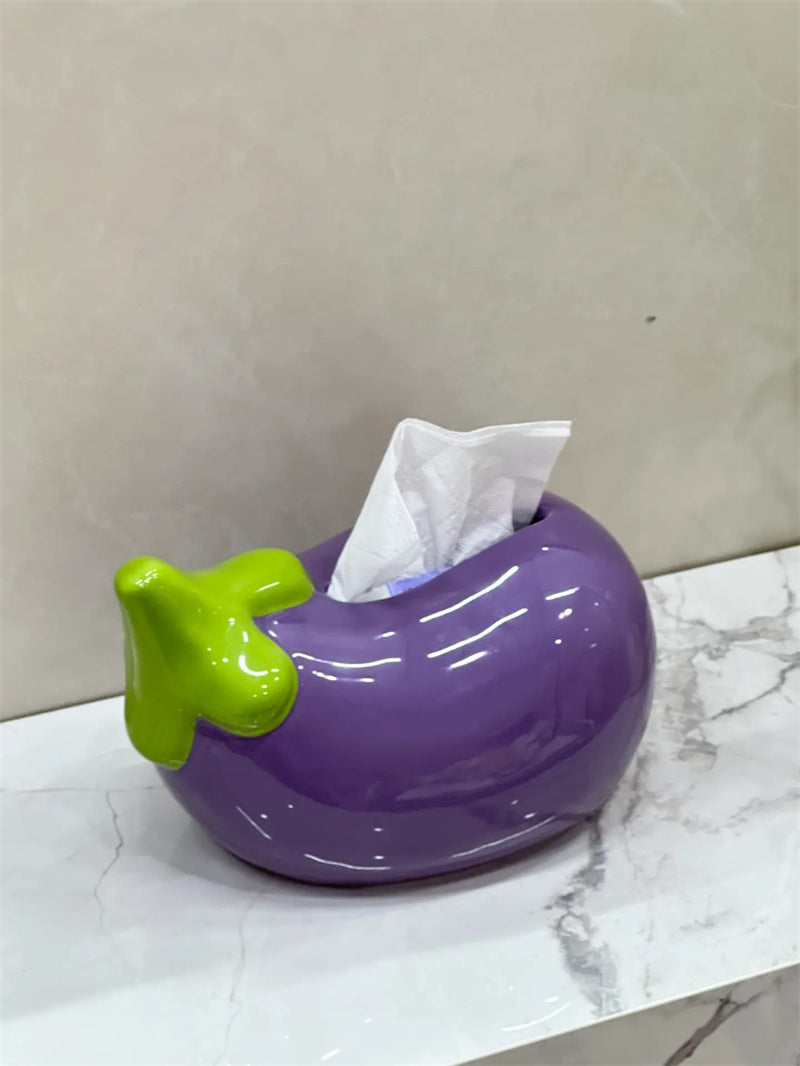 Whimsical Purple Ceramic Eggplant Tissue Box - Unique Kitchen Decor