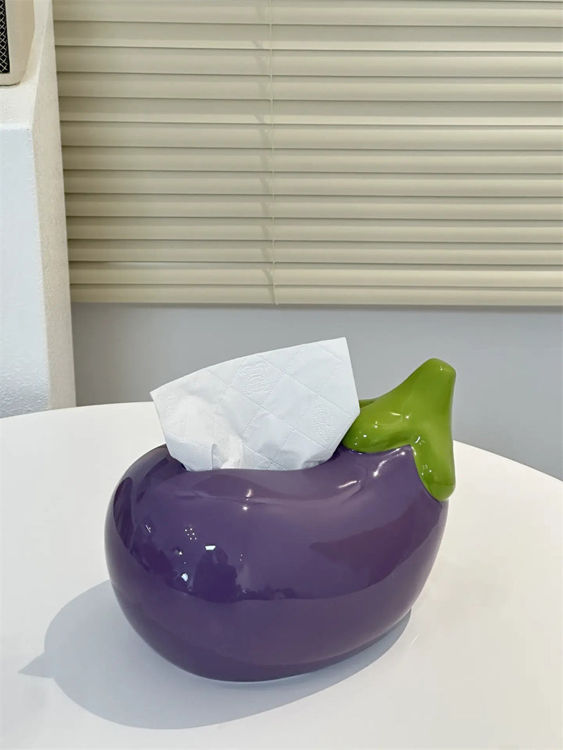 Whimsical Purple Ceramic Eggplant Tissue Box - Unique Kitchen Decor