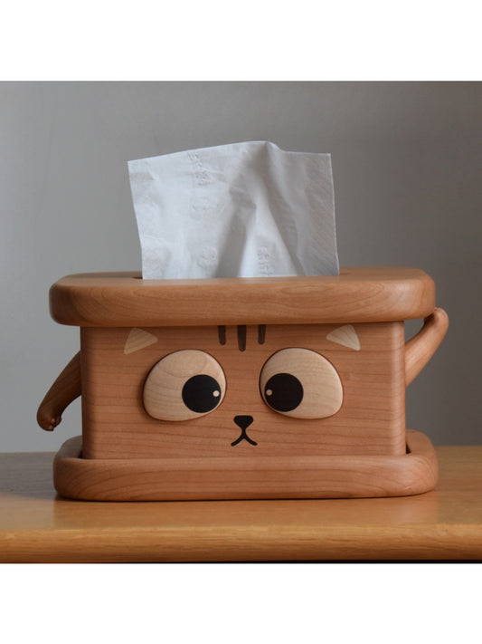 Whimsical Wooden Cat Tissue Box - Cute Cartoon Feline Home Decor with Big Eyes