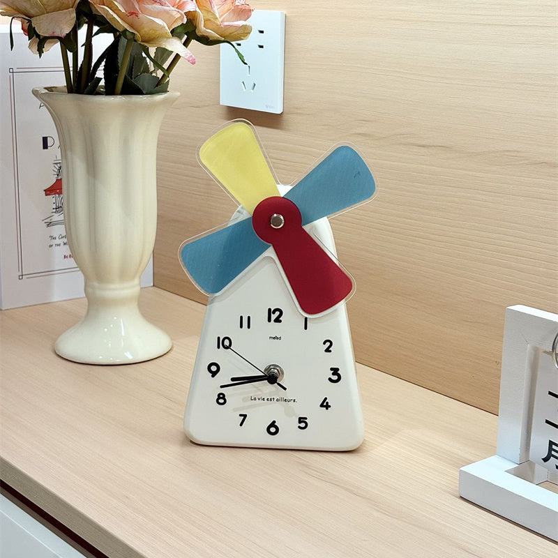 Windmill - Shaped Decorative Table Clock, Colorful Cartoon Desk Clock with Rotating Windmill