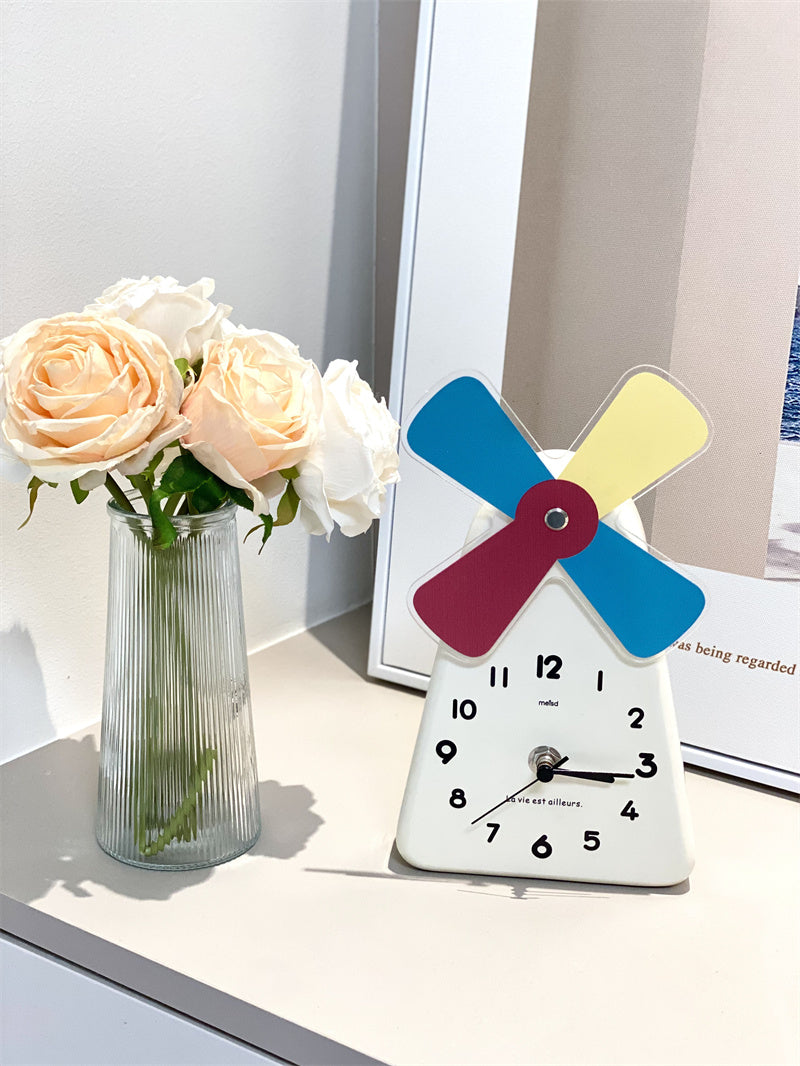 Windmill - Shaped Decorative Table Clock, Colorful Cartoon Desk Clock with Rotating Windmill