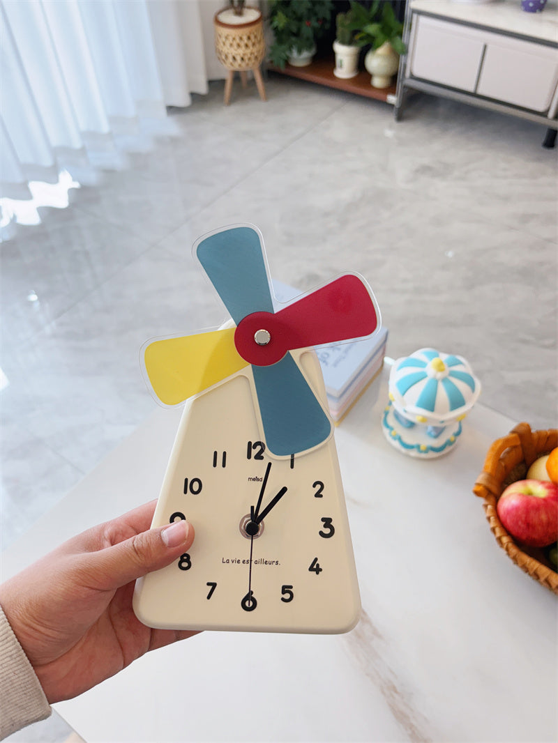 Windmill - Shaped Decorative Table Clock, Colorful Cartoon Desk Clock with Rotating Windmill