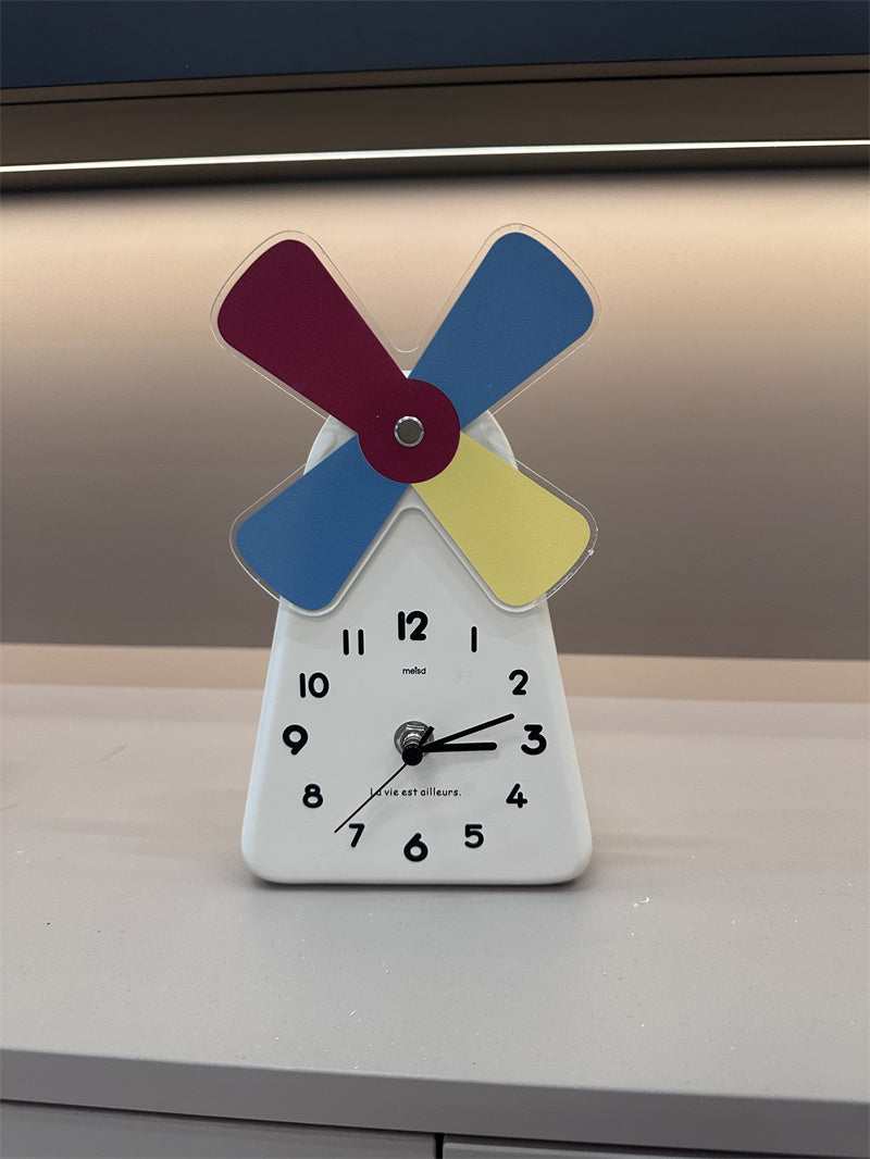 Windmill - Shaped Decorative Table Clock, Colorful Cartoon Desk Clock with Rotating Windmill
