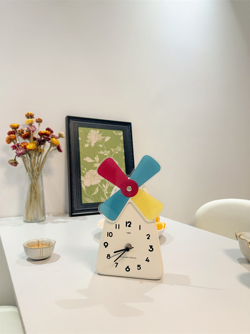 Windmill - Shaped Decorative Table Clock, Colorful Cartoon Desk Clock with Rotating Windmill