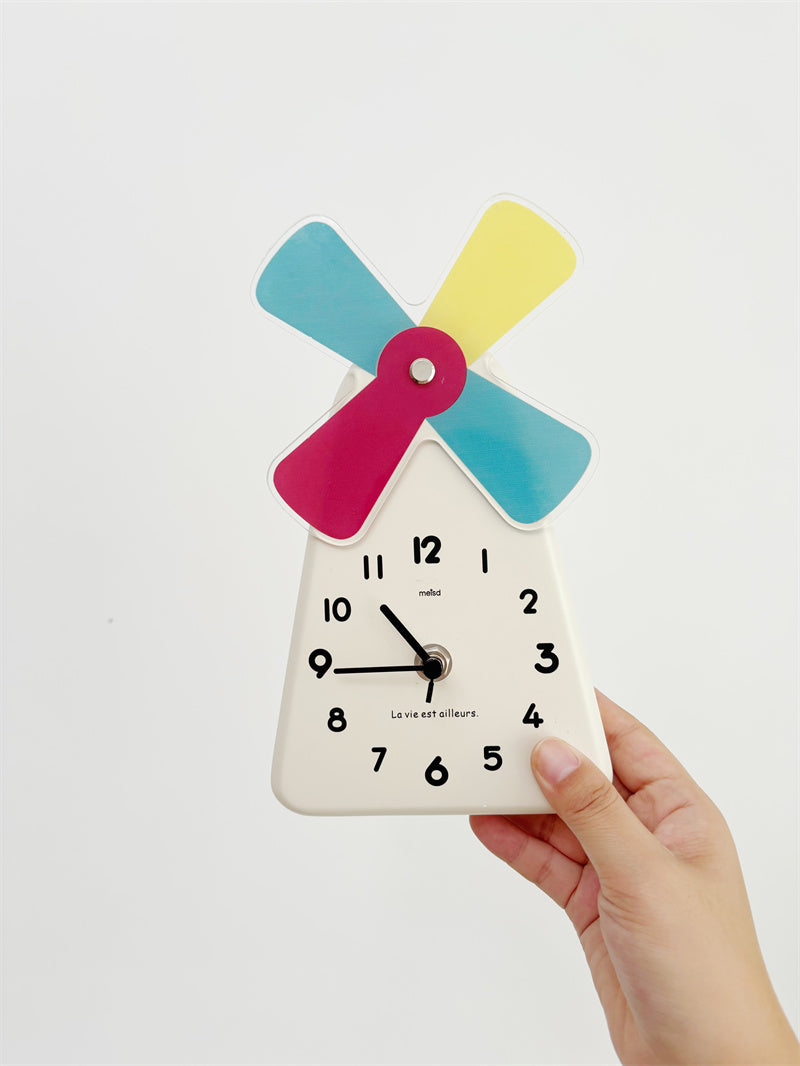 Windmill - Shaped Decorative Table Clock, Colorful Cartoon Desk Clock with Rotating Windmill