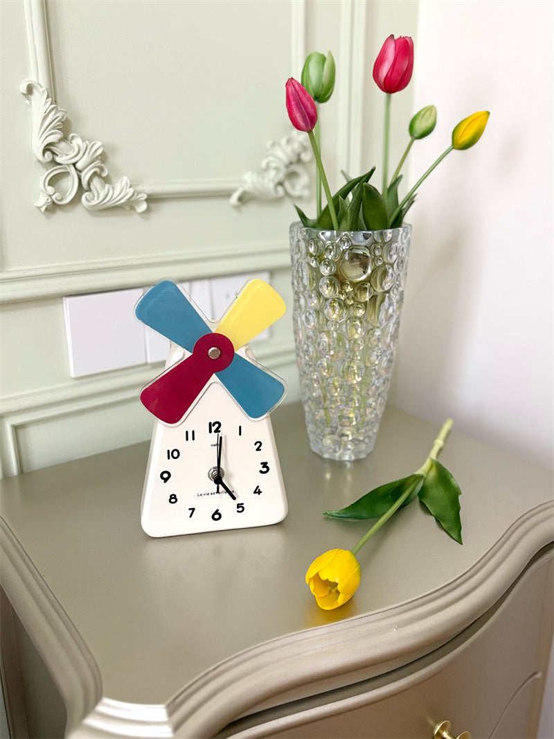 Windmill - Shaped Decorative Table Clock, Colorful Cartoon Desk Clock with Rotating Windmill