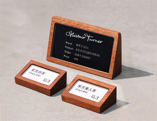 Wood & Acrylic Table Tent Sign - Replaceable Price Tag & Business Card Holder for Cafes, Offices & Retail