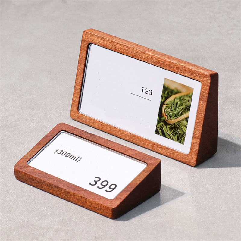 Wood & Acrylic Table Tent Sign - Replaceable Price Tag & Business Card Holder for Cafes, Offices & Retail
