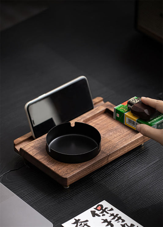 Wooden Ashtray Set with Multi - Function Tray, Walnut Wood Cigarette Ashtray with Phone Holder