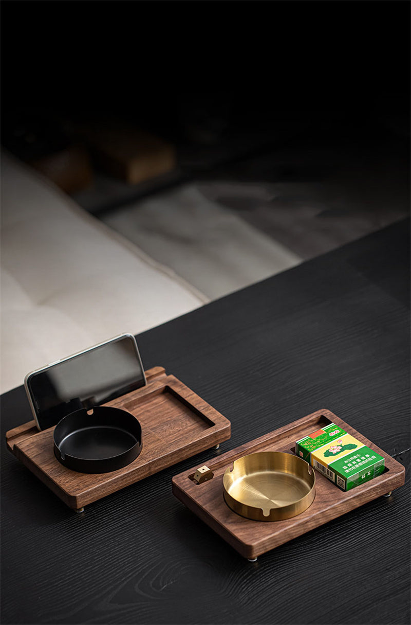 Wooden Ashtray Set with Multi - Function Tray, Walnut Wood Cigarette Ashtray with Phone Holder