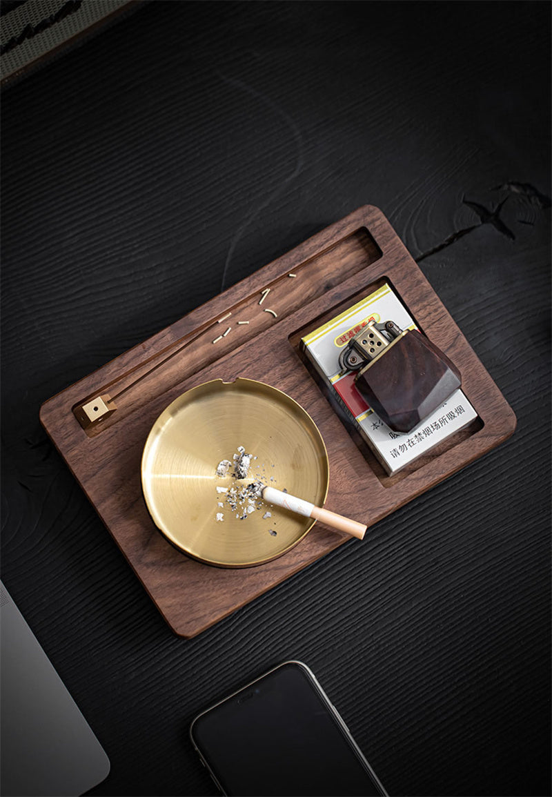 Wooden Ashtray Set with Multi - Function Tray, Walnut Wood Cigarette Ashtray with Phone Holder