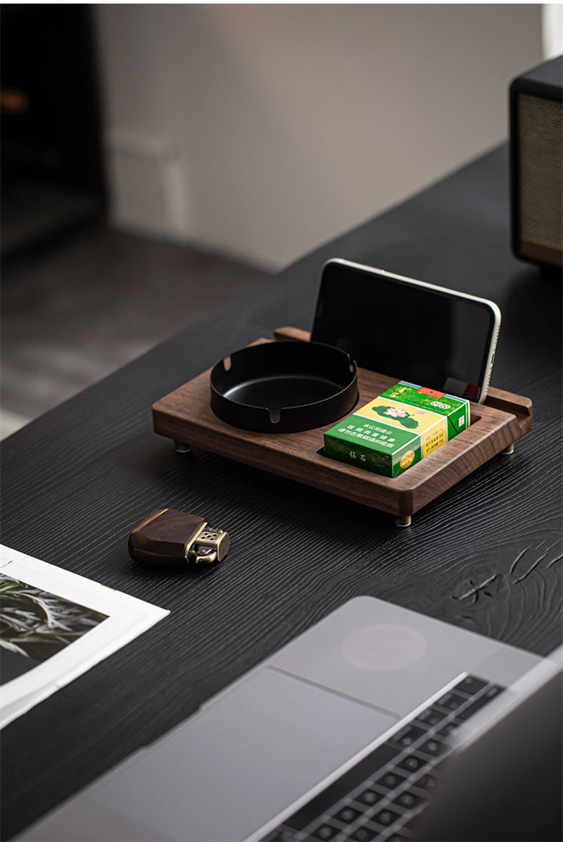 Wooden Ashtray Set with Multi - Function Tray, Walnut Wood Cigarette Ashtray with Phone Holder
