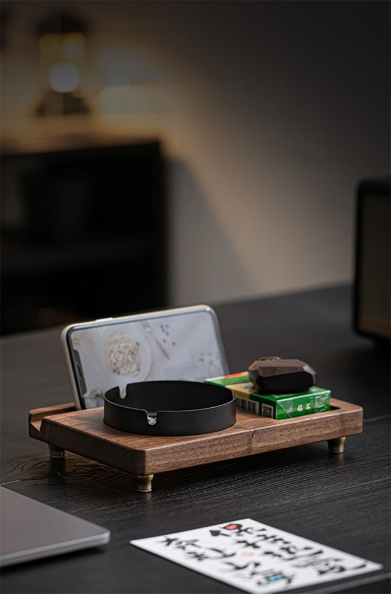 Wooden Ashtray Set with Multi - Function Tray, Walnut Wood Cigarette Ashtray with Phone Holder