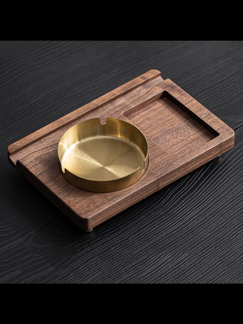 Wooden Ashtray Set with Multi - Function Tray, Walnut Wood Cigarette Ashtray with Phone Holder