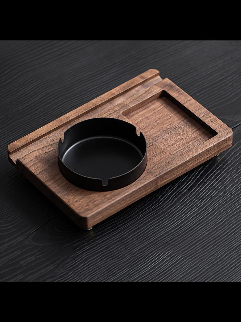 Wooden Ashtray Set with Multi - Function Tray, Walnut Wood Cigarette Ashtray with Phone Holder