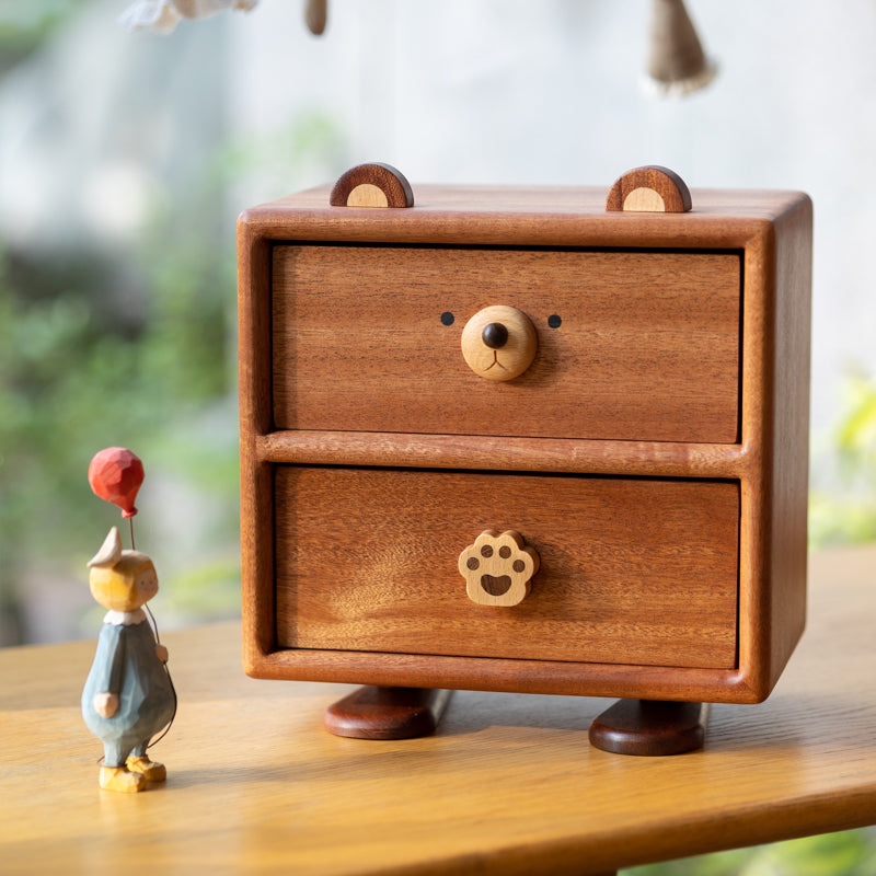 Wooden Bear Storage Box with Drawers - Cute Jewelry, Trinket & Desk Organizer