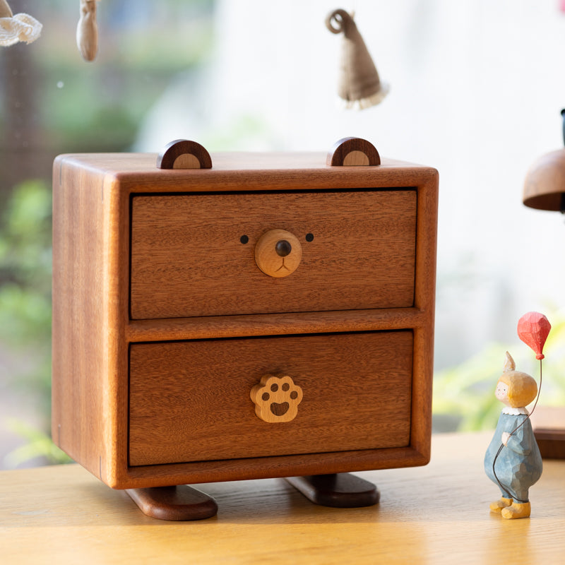 Wooden Bear Storage Box with Drawers - Cute Jewelry, Trinket & Desk Organizer