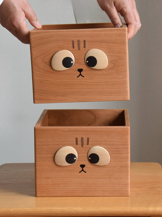 Wooden Cat Face Desk Organizer - Cute Animal Storage Box for Cosmetic, Makeup & Small Items