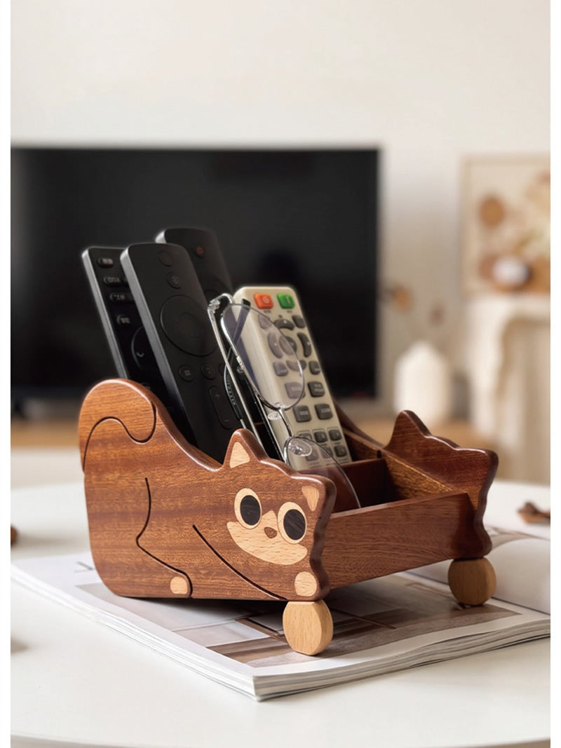 Wooden Cat Remote Control Holder, Cute Multi Compartment Desk Organizer