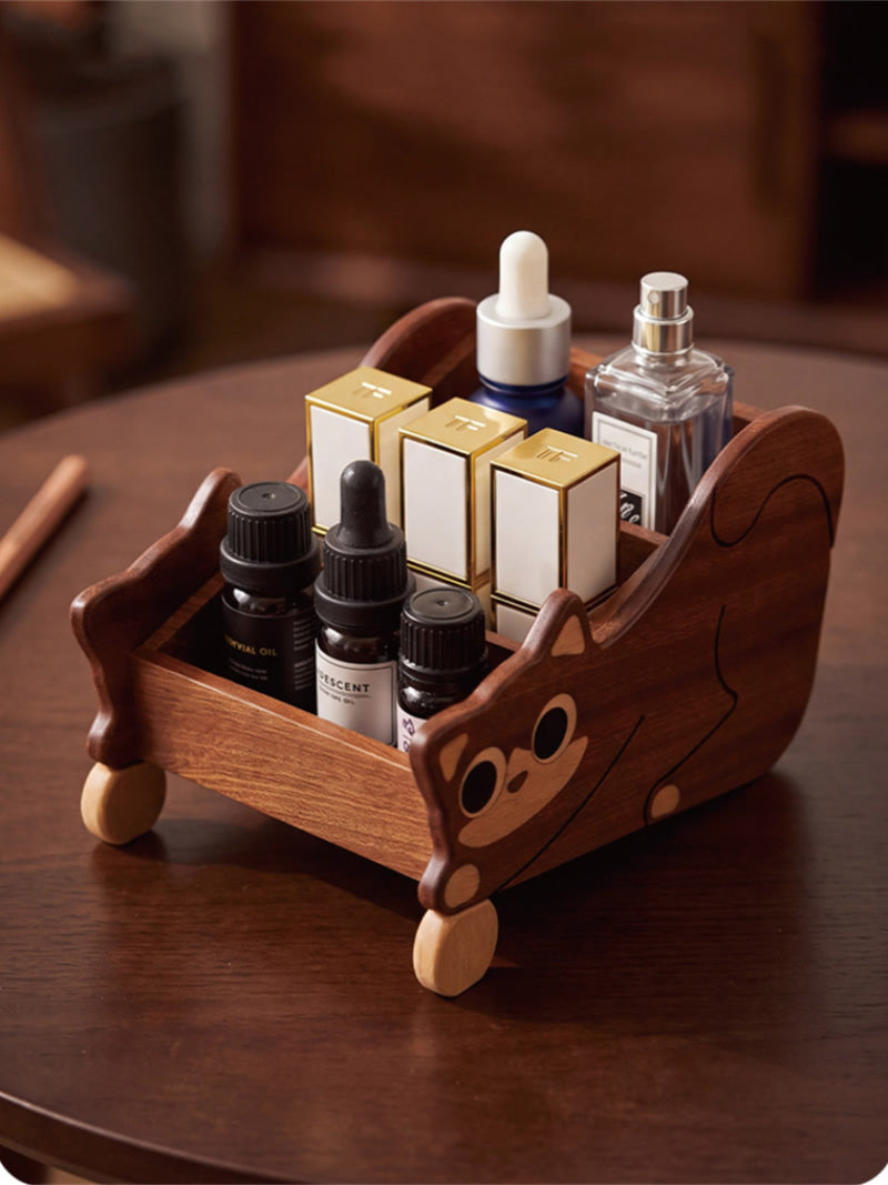 Wooden Cat Remote Control Holder, Cute Multi Compartment Desk Organizer