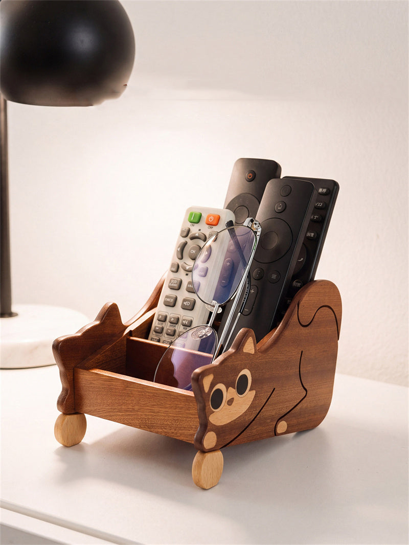 Wooden Cat Remote Control Holder, Cute Multi Compartment Desk Organizer
