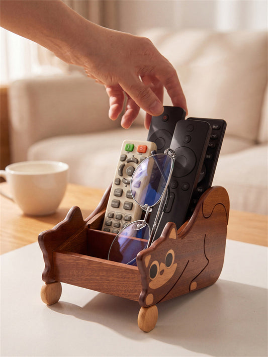 Wooden Cat Remote Control Holder, Cute Multi Compartment Desk Organizer