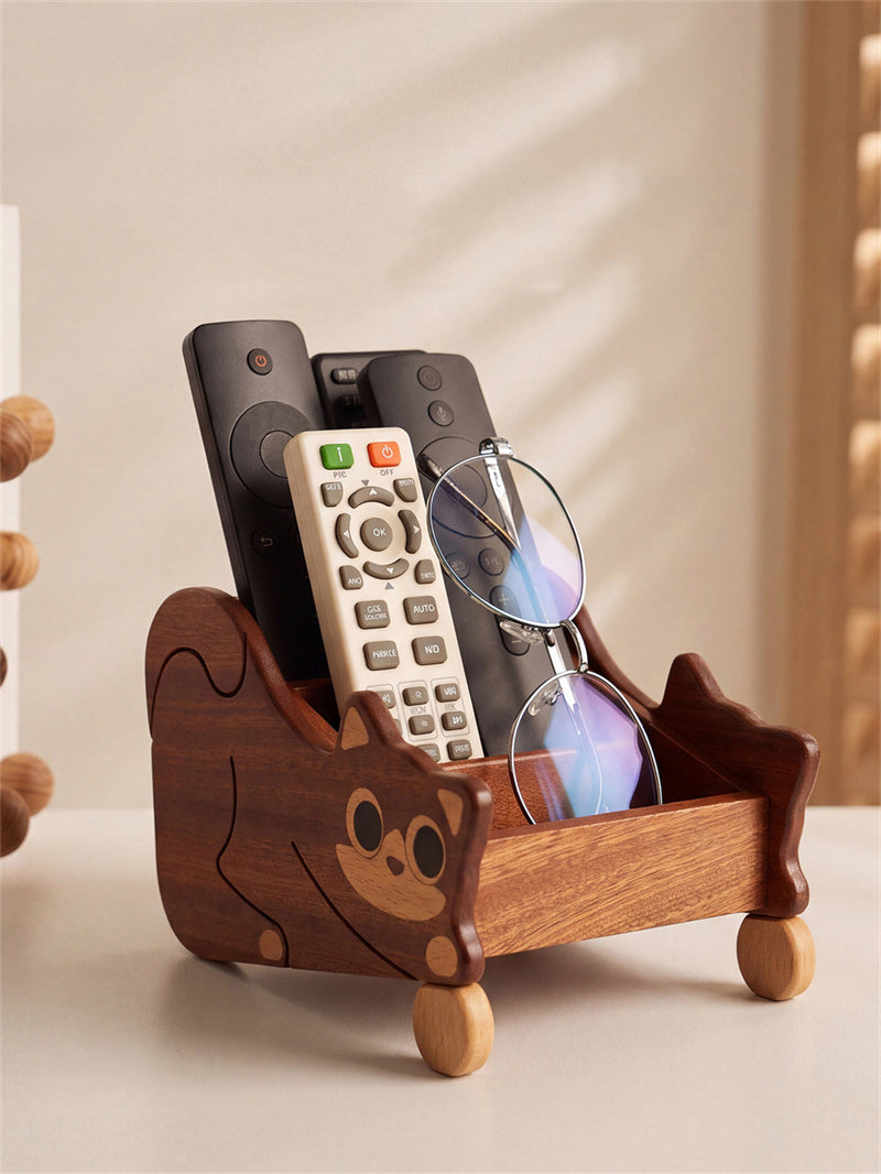 Wooden Cat Remote Control Holder, Cute Multi Compartment Desk Organizer