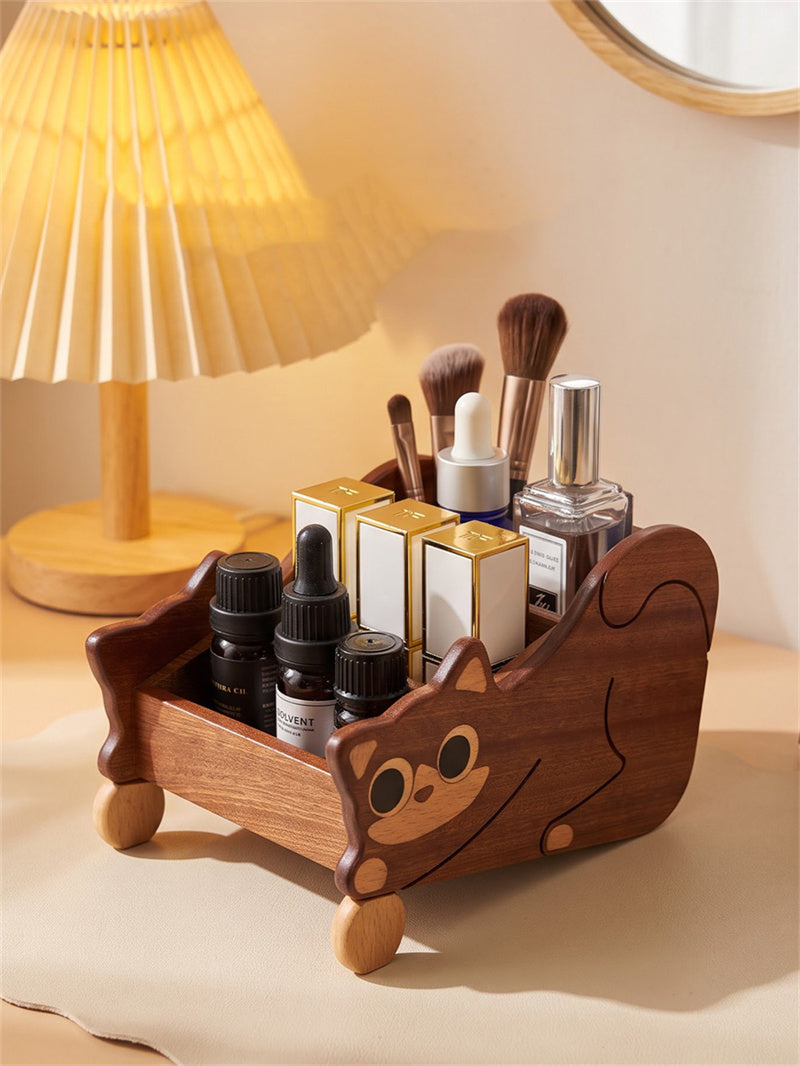 Wooden Cat Remote Control Holder, Cute Multi Compartment Desk Organizer
