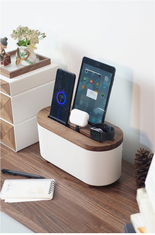 Wooden Charging Station Organizer – Smartphone, Tablet, Smartwatch & Earbud Dock