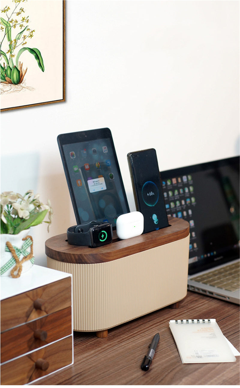 Wooden Charging Station Organizer – Smartphone, Tablet, Smartwatch & Earbud Dock