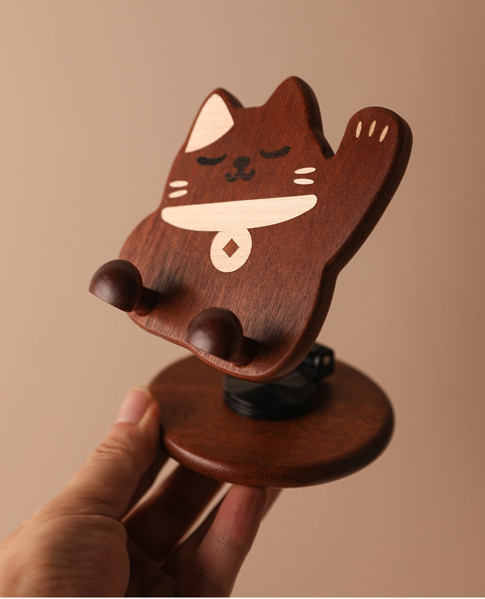 Wooden Cute Cat Phone Stand - Foldable And Rotatable iPhone Holder