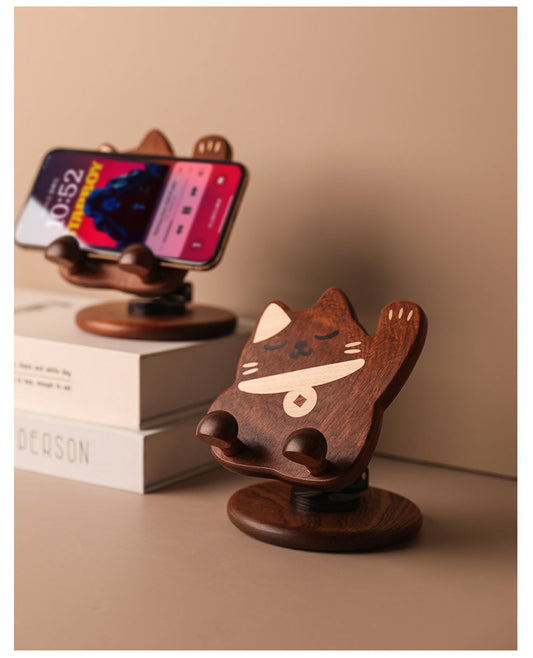 Wooden Cute Cat Phone Stand - Foldable And Rotatable iPhone Holder