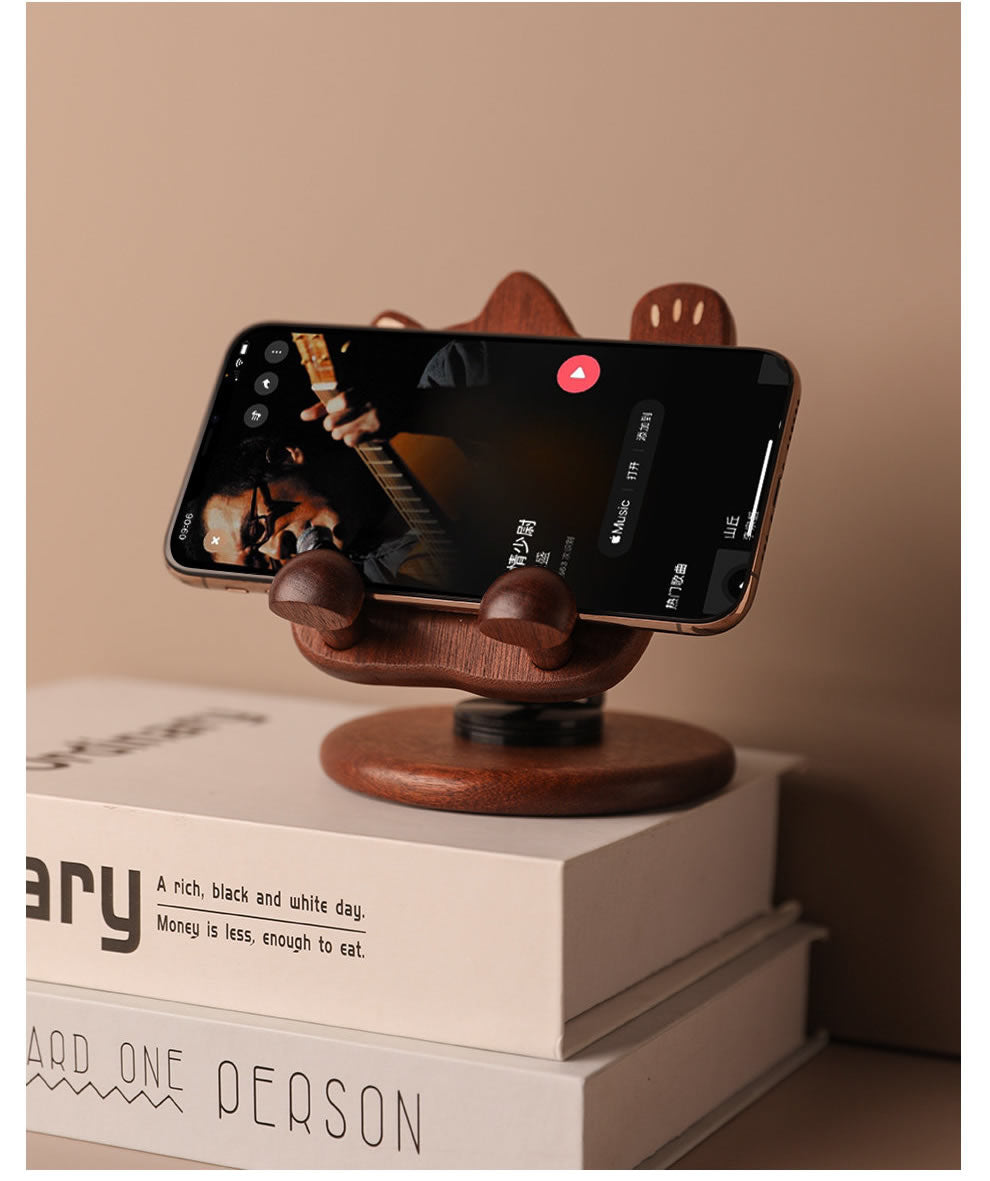 Wooden Cute Cat Phone Stand - Foldable And Rotatable iPhone Holder