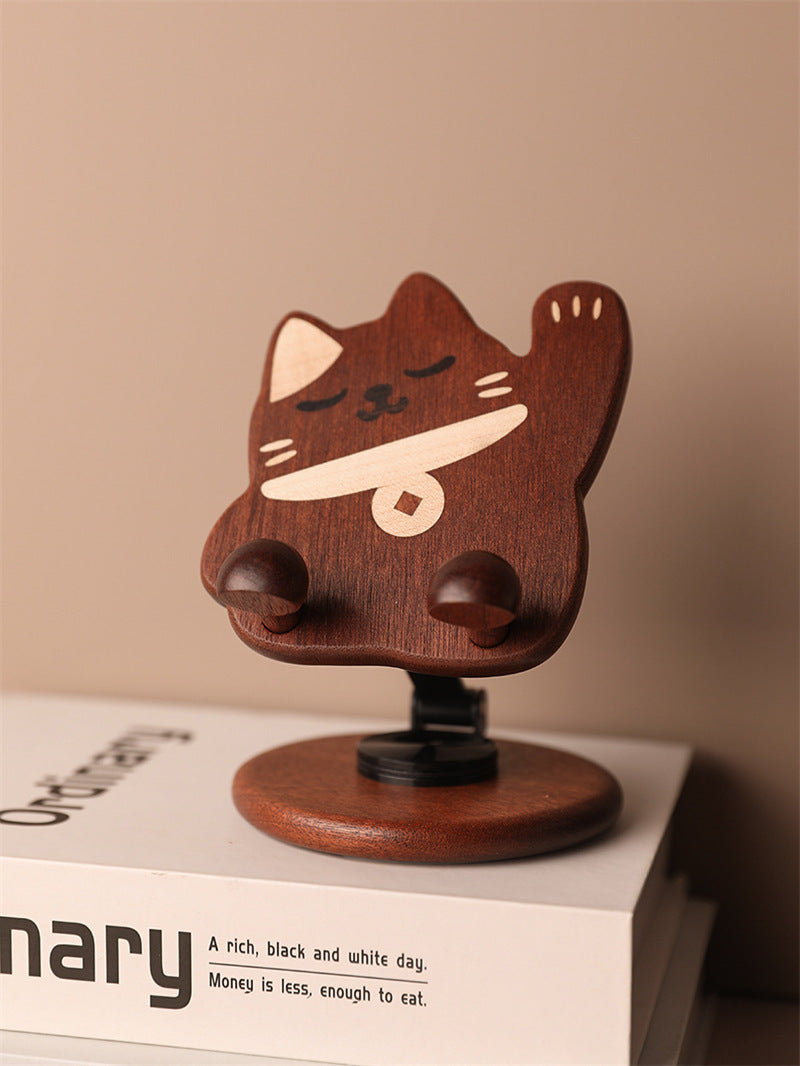 Wooden Cute Cat Phone Stand - Foldable And Rotatable iPhone Holder