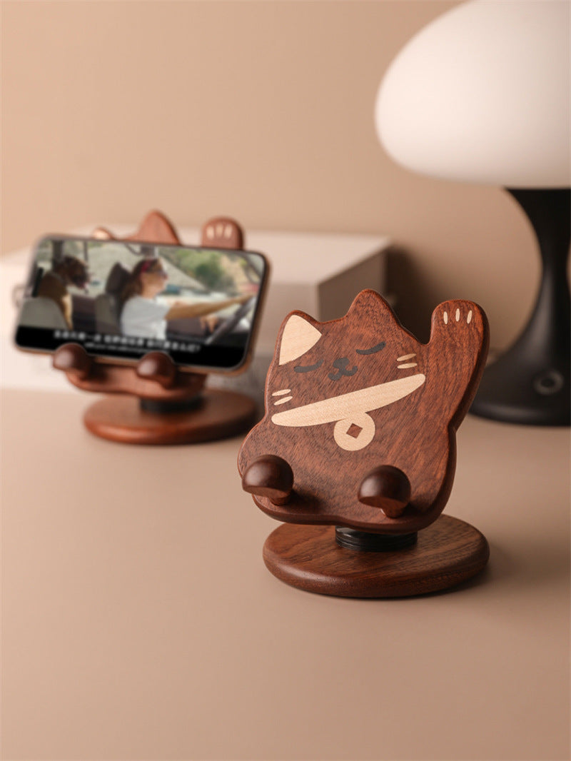 Wooden Cute Cat Phone Stand - Foldable And Rotatable iPhone Holder