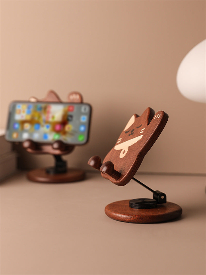 Wooden Cute Cat Phone Stand - Foldable And Rotatable iPhone Holder