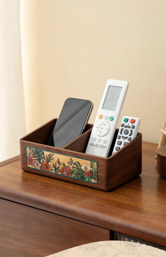 Wooden Desk Organizer With Floral Pattern, Multi-Compartment Storage For Remote Controls And Phones