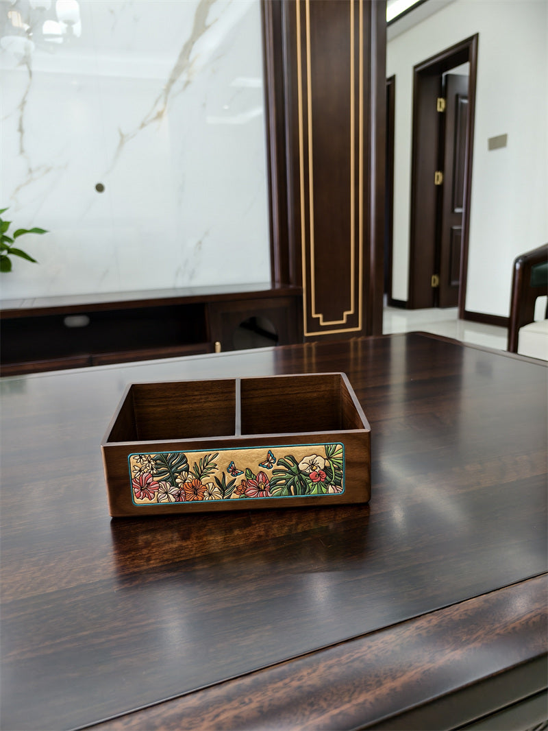Wooden Desk Organizer With Floral Pattern, Multi-Compartment Storage For Remote Controls And Phones