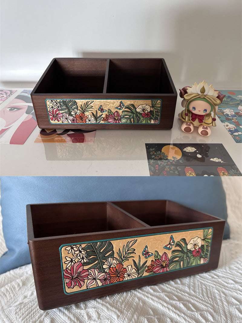 Wooden Desk Organizer With Floral Pattern, Multi-Compartment Storage For Remote Controls And Phones