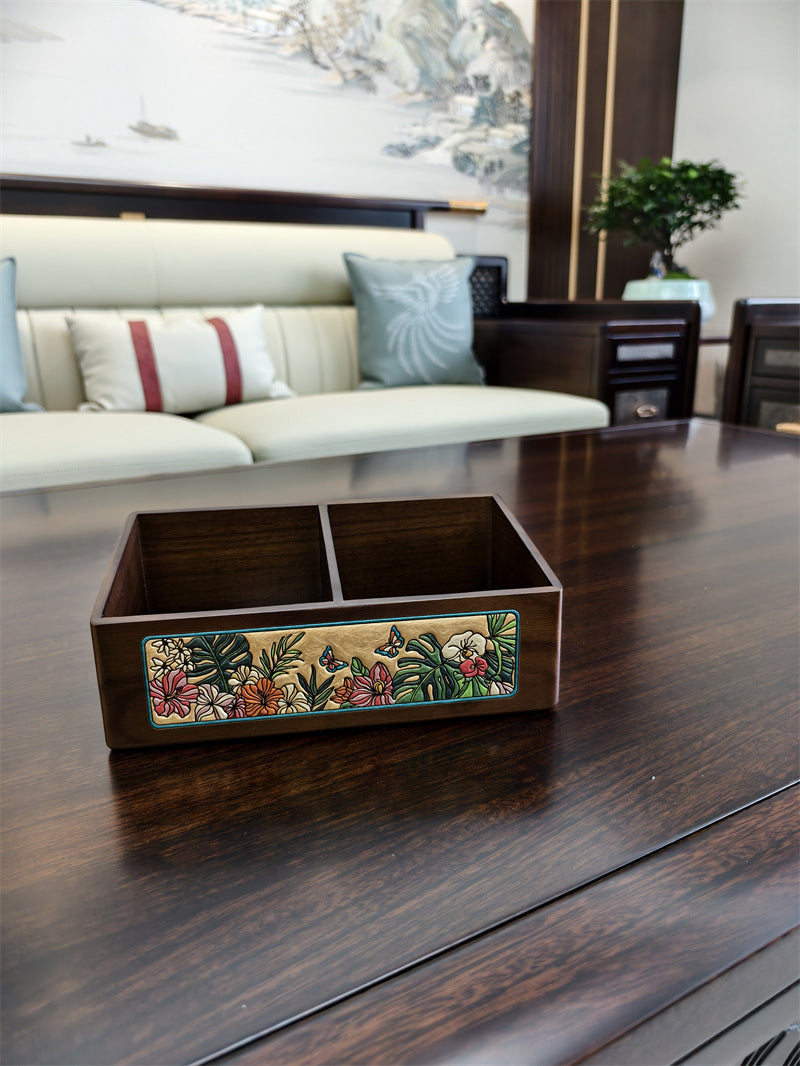 Wooden Desk Organizer With Floral Pattern, Multi-Compartment Storage For Remote Controls And Phones