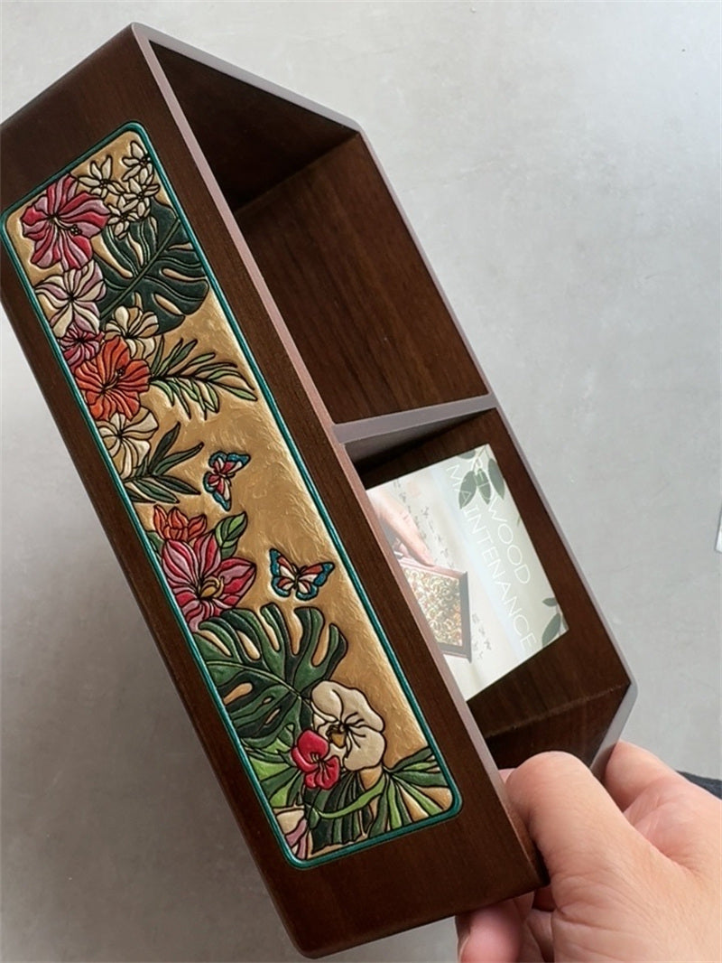 Wooden Desk Organizer With Floral Pattern, Multi-Compartment Storage For Remote Controls And Phones