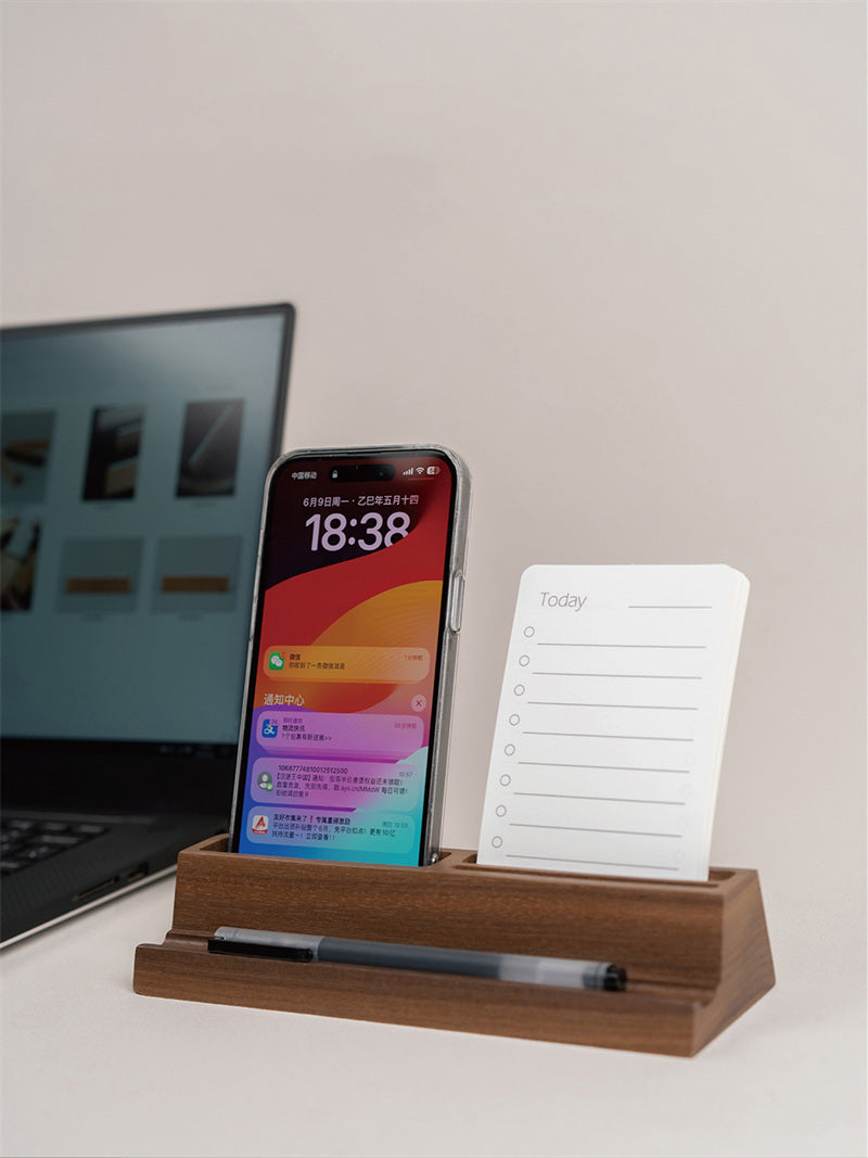 Wooden Desk Organizer with Phone Stand – Office Supply Holder for Pens, Business Cards