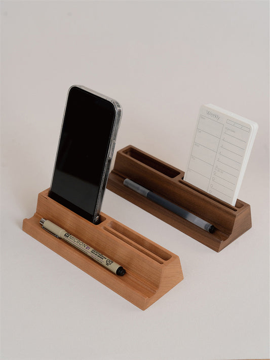 Wooden Desk Organizer with Phone Stand – Office Supply Holder for Pens, Business Cards